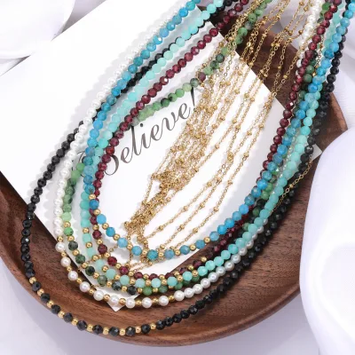 New Design Gemstone Small Natural Stone PVD Gold Plated Double Layer Bead Chain Stainless Steel Beads Choker Necklace for Unisex