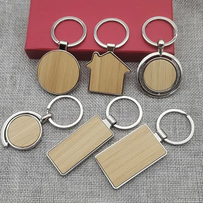 New Stock Cross-Border Car Gift Laser Engraved UV Printed Logo Stainless Steel  Metal Keychain Blank Paste Bamboo Alloy Plastic