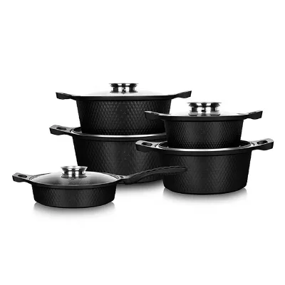 Custom Induction Die-casting Marble Non Stick Pots Cookware Set Ccooking Cookware Set with Flat Glass Lid