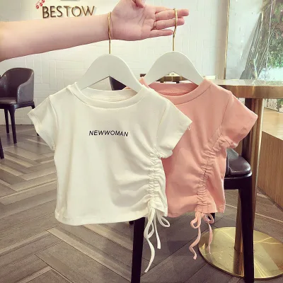 Kids Summer Short Sleeve Drawstring T-shirt Baby Girls Cotton Tee Children's Clothes for 2-7 Years Support Customization
