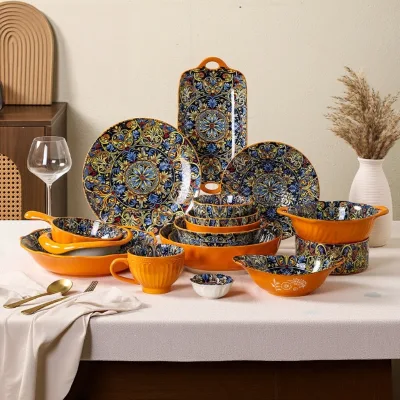 Luxury Porcelain Dinnerware Sets with Bohemian Underglaze Design Reusable & for Parties and Hotels