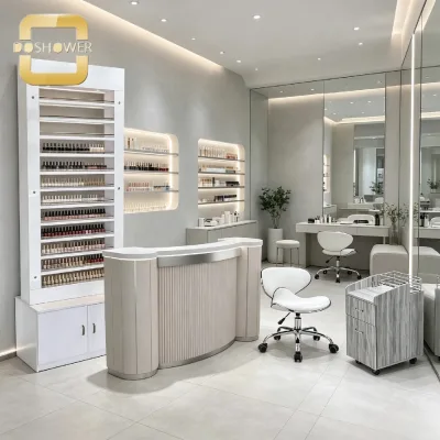 Curved Salon Reception Desk with Built in Ambient LED Strip Light and Fluted Panel for Hign End Beauty Spa
