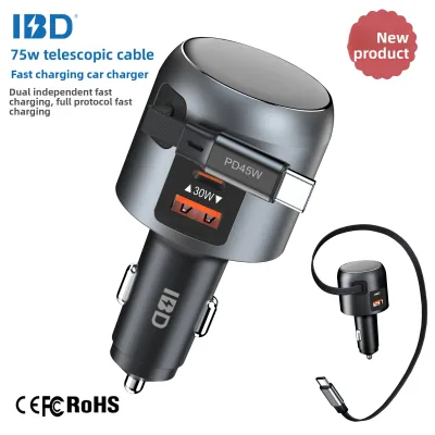 75W Retractable Car Phone Charger Charger, 1U2C USB C Multi-Port Fast Charger PD 45W/30W Full Protocol Super Fast Charging
