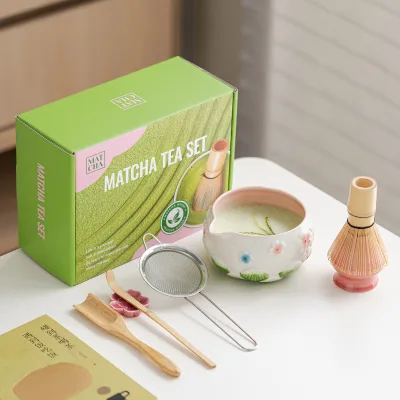 Harmony Complete Japanese Matcha Ceremony Kit, Sakura Floral Relief Matcha Bowl, Bamboo Chasen Scoop Sifter Full Tool Kit