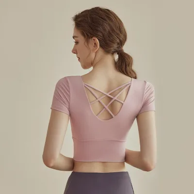 Yoga clothes for women new style with chest pad short sleeve sports fitness Pilates training clothes tops elegant style suit
