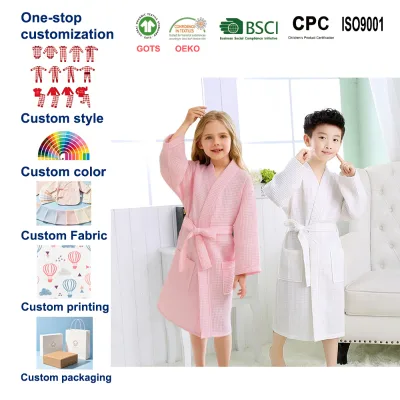 Custom Embroidery logo Cotton Waffle Bathrobe Unisex Girls Boys Bath Robes with Pockets 100% Cotton Waffle White Hotel Bathrobes