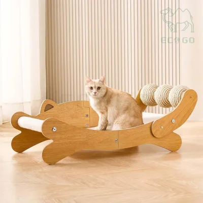 Curved Angle Luxury Wooden Large Sisal Pet Toys Bed Board Cat Scratching Post with Balls