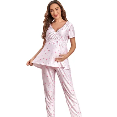 Customize OEM High Quality Two Pieces Women Loungerwear Satin Sleepwear Maternity Clothes Pajamas