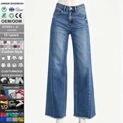 Custom Women High Waist Flare Jeans Baggy Fit Jeans Light Blue Frayed Hem Denim Pants Casual Street Style Fashion