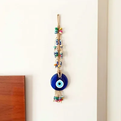 Bohemian Style Blue Evil Eye Decor Handmade with Cotton Macrame Rope and Colorful Seed Beads Compact Design Fits Any Space