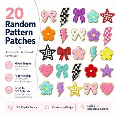 Fast Shipping 20pcs Random Chenille Patch Set Bulk Stock Assorted Embroidered Applique for Bags Hats DIY Ready to Ship