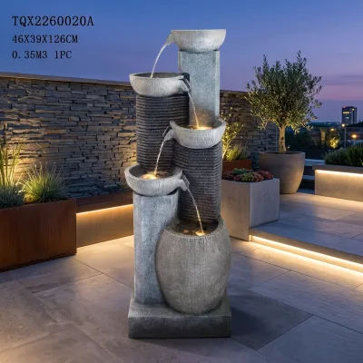 Modern Stacked Slate Water Ornament, Tiered Pot Basin Cascading Water Feature with LED Light for Roof Terrace & Garden
