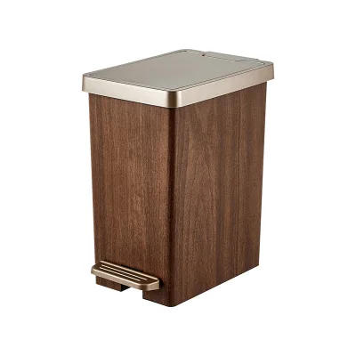 Portable Gold Lid Trash Can Self-Sealing Plastic Wood Grain Odor Protection Pressing Type Structure Foot Pedal Garbage Bag Rings