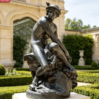 YOUFINE Antique Bronze Seated Mercury Statue Classical Greek God Sculpture for Villa Garden Courtyard Decor