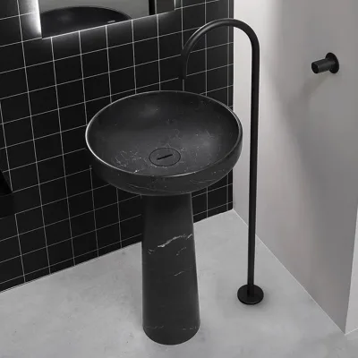 Natural Nero Margiua Marble Stone Hand Wash Basin Round Bathroom Sinks Marble Pedestal Sink Free Standing Bathroom Sink