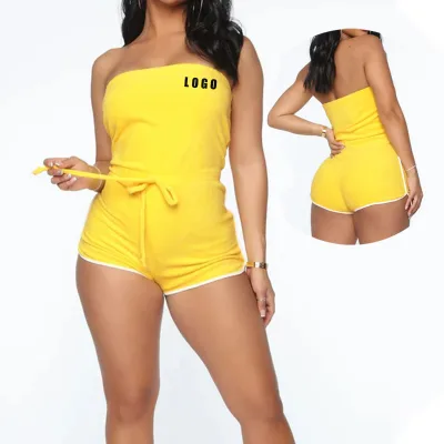Custom Summer Two Piece Set Sleeveless Sexy Crop Top and Adjustable Shorts Suit Soild Color for Women