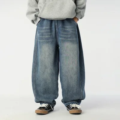 Boys' Cotton Jeans 2026 Autumn Winter New Children's One-piece Velvet Fleece-lined Handsome Men's Treasure Trendy Pants
