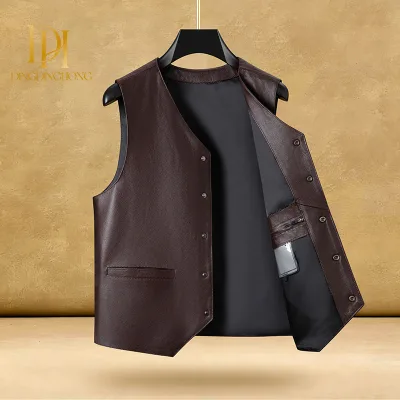 Men'sLightweightTop Grain Leather Vest Middle Aged Elderly Loose Plus Size Outer Sleeveless Waistcoat Spring Autumn Dad Outfit