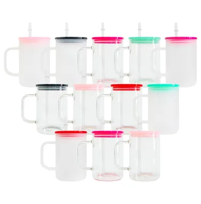 Camper Mug blank sublimation crystal 17oz sublimatable glass coffee mugs with colorful lid and straws glass coffee mugs