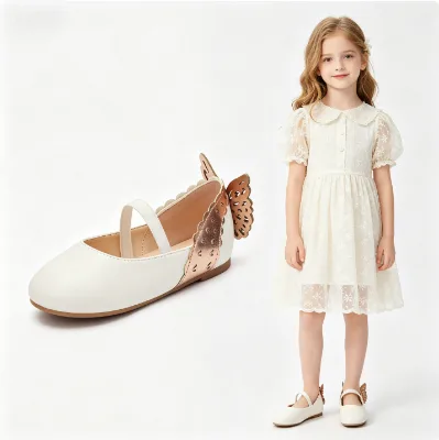 Dress Shoes with Butterfly Decoration Elastic Strap Flat Sole Comfortable Toddler Party Wedding Mary Jane Shoes