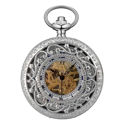 Boshiya Modern Mechanical Pocket Watch Hollowed Flip Dial Zinc Alloy Case Unique Stylish with Chain for Gift
