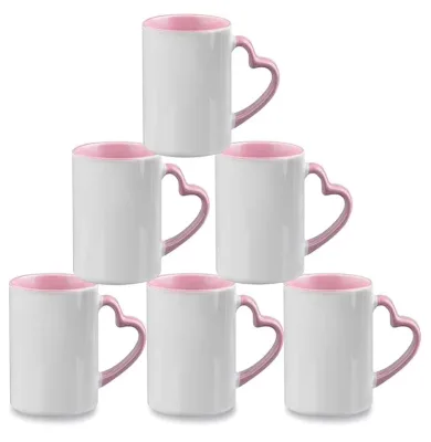Sublimation Blank Coffee Ceramic Mugs Blank White Mug Cup with Pink Color Mug Inner and Heart Handle