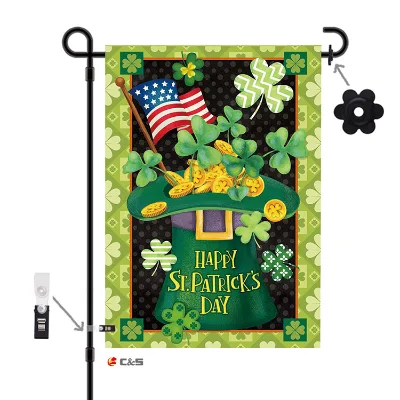 Hot Selling Custom St. Patrick's Day Garden Flag Coarse Linen Square Clover Coins Courtyard Flag for Outdoor Yard Decoration