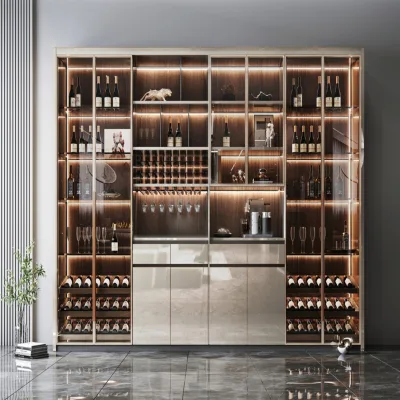 BALOMcustomized Luxury Solid Wood Eco-Friendly Full Glass Wine Bar Cabinet Gold Frame LED Lighting Multi-Zone Storage Built-in