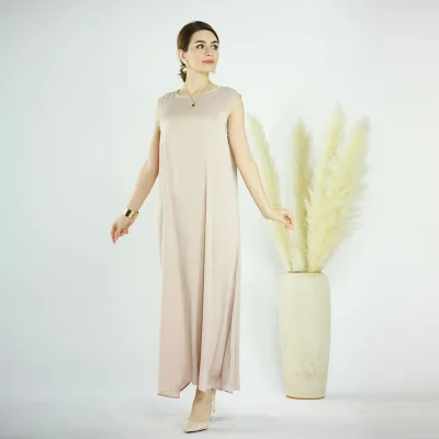 2025 Elegant Satin Modest Summer Dress Solid Color Sleeveless Muslim Women's Ankle Length for Middle East Turkey Dubai