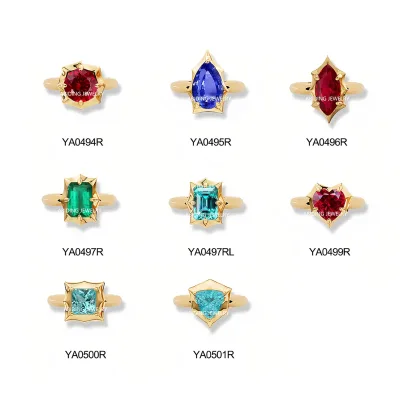 Abiding Sharp Geometric Line Minimalist Starburst Lab Grown Color Gemstone Ruby Paraiba Zambia Emerald Stackable Rings in S925