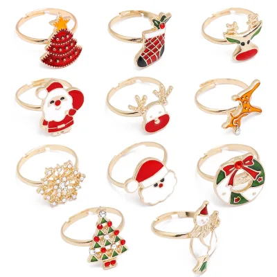 Hot Selling Christmas Jewelry Ring Elk Snowman Christmas Tree Christmas Stockings Snowflake Santa Claus Ring for New Year Gifts