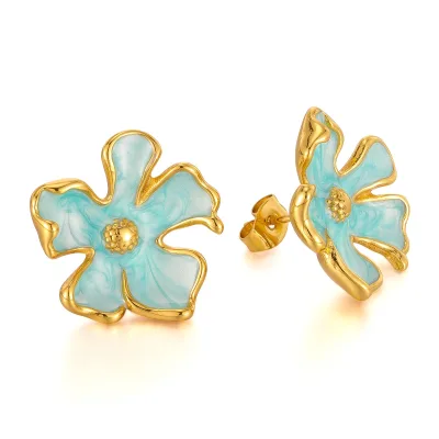Stylish Simple Personality Stainless Steel Flower Earrings Trend Plated 18k Gold Enamel Earrings Jewelry