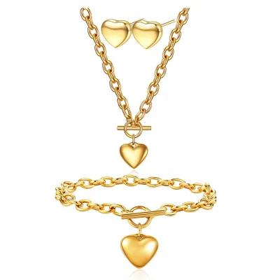 European and American Stainless Steel Love Pendant Necklace Earrings Bracelet Set Love Jewelry Three Piece Set for Women