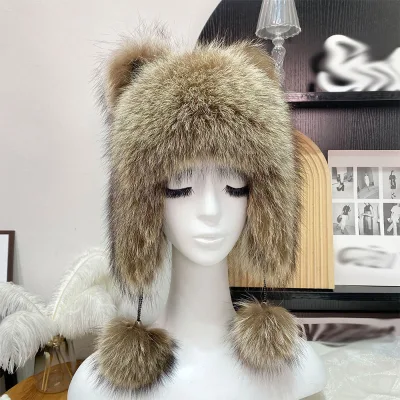 Real Raccoon Fur Aviator Hat with Cat Ears and Tail Winter Ski Headwear Protection Fashionable Ear Caps
