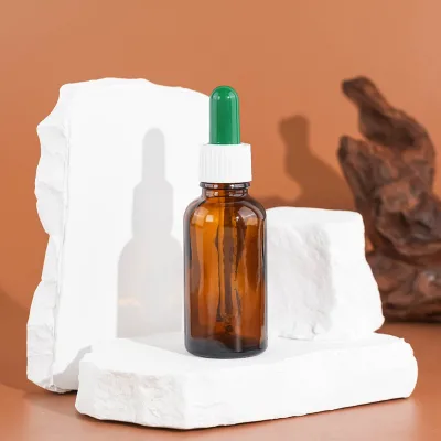 Original Amber Bottle Round Glass Bottle 30ml Essential Oil Bottle with Green Rubber Head and White Collar