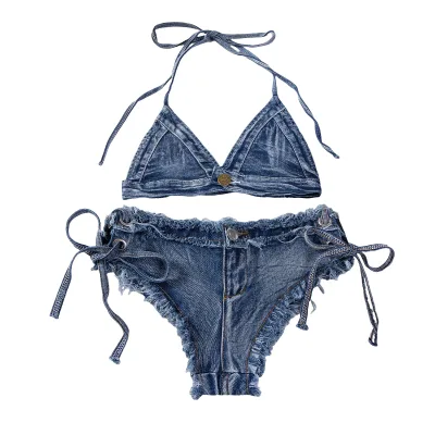 Nightclub Night Venue Bar Sexy Dance Performance Outfit Pole Dancing Costume Women's Denim Bikini