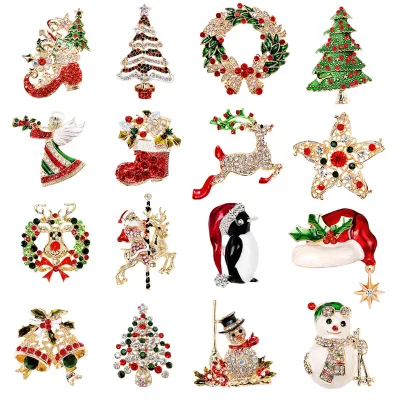 Fashion Wholesale Rhinestone Crystal Zircon Christmas Tree Santa Claus Elk Enamel Pin Labels Brooch for Women New Year Gifts