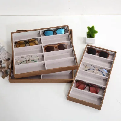 Hot Sale 6/12/10 Grid Wood Grain Leather Sunglasses Display Box Rectangle Shape Eco-Friendly Glasses Display Props
