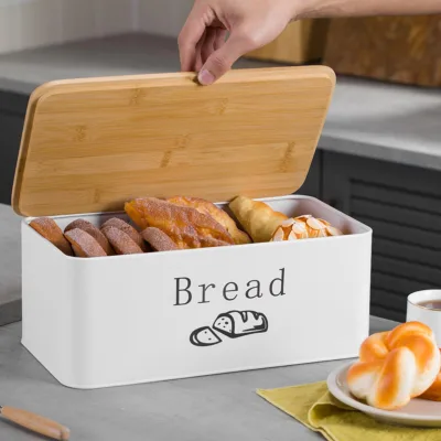 Carbon Steel White Bread Box with Bamboo Lid for Cookies Bread Best for Kitchen Decorations