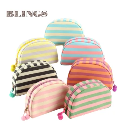 Wholesale High Quality Stripe Zipper Cosmetic Organizer Pouch Travel Custom Canvas Drawstring Portable Makeup Bag Fluffy Water