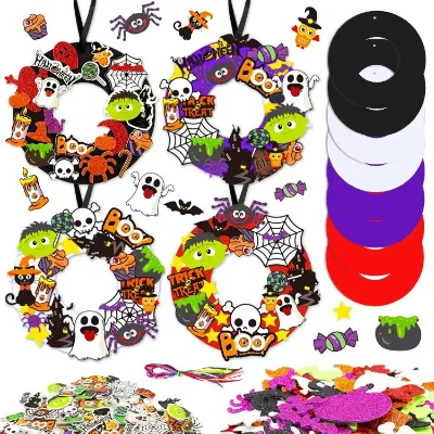 Artificial Halloween Wreath Craft Kit DIY Handmade Round Hanging Ornaments Stickers for Home Holiday Party Halloween Decoration
