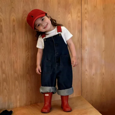 Girls  Summer New Arrival Washed Denim Suspender Trousers Detachable Straight-Leg Fashionable All-Match Children's Pants