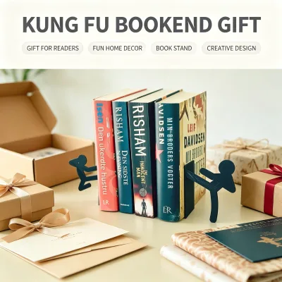 Kung Fu Bookend Creative Black Figure Book Holder Desktop Display Shelf Organizer Funny Home Decor Gift for Readers