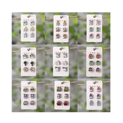 New Retro Easter Earrings 3 Pair Pack Rabbit Cartoon Carrot Cross Wood Earring Set