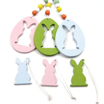 Cute Painted Wooden Ornaments Small Wooden Easter Eggs with Bunny 6pcs