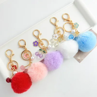 Simulated Rex Rabbit Fur Plush Ball Keychain Pendant Clothing Luggage Accessories Flower Design