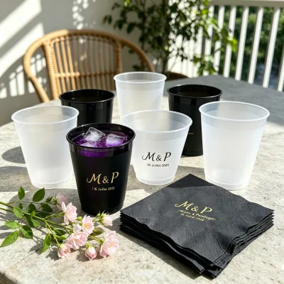 16 Pack 16 oz Reusable Stadium Cups Plastic Tumblers for Party Black Napkin Baby Bride Shower Burgundy Wedding Drink Wine Water