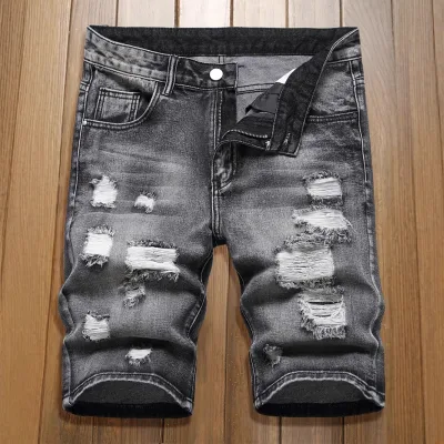 Mens Streetwear Denim Shorts Ripped Distressed Stylish Versatile Black Mid-Length Straight-Leg Trousers Multiple Wash