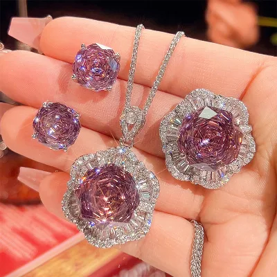 Fashionable Luxury Jewelry Rose Red Zircon Pendant New Exquisite Temperament and High-end Feeling Set