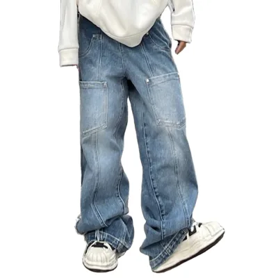 Unisex Custom Raw Trim Big Boy Pants Topstitching Streetwear Style D-buckle Design Trend Cool Vintage Multi Pockets Baggy Jeans
